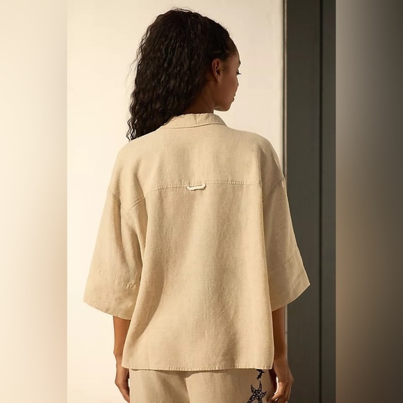 NWT new MEDIUM by Anthropologie button down linen shirt beach shell print tan - Picture 10 of 17